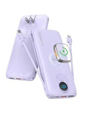 Portable Charger, 10000mAh 20W Fast Charging Power Bank with Built in Cables & AC Wall Plug & LED Display, Travel Essentials Battery Pack Powerbank for iPhone, iPad, iWatch, Samsung, Purple Portable Charger, 10000mAh 20W Fast Charging Power Bank with Built in Cables & AC Wall Plug & LED Display, Travel Essentials Battery Pack Powerbank for iPhone, iPad, iWatch, Samsung, Purple