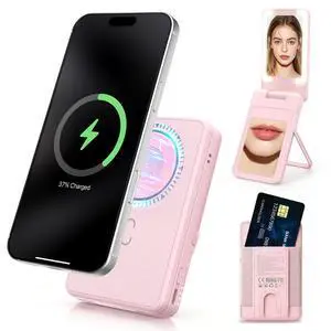 Magnetic Wireless Power Bank 5-in-1, 5000mAh Portable Charger with LED Mirror, Phone Stand, Card Holder & Bluetooth Remote, 20W Fast Charging for iPhone & Android, Travel Essential for Women Magnetic Wireless Power Bank 5-in-1, 5000mAh Portable Charger with LED Mirror, Phone Stand, Card Holder & Bluetooth Remote, 20W Fast Charging for iPhone & Android, Travel Essential for Women
