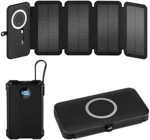 Solar Charger Power Bank 5000mAh with 4 Foldable Panels & 2 Built-in Cables, Wireless Portable Charger, Outdoor External Battery Pack with USB-C in/Output & SOS Flashlight for Camping Hiking Solar Charger Power Bank 5000mAh with 4 Foldable Panels & 2 Built-in Cables, Wireless Portable Charger, Outdoor External Battery Pack with USB-C in/Output & SOS Flashlight for Camping Hiking