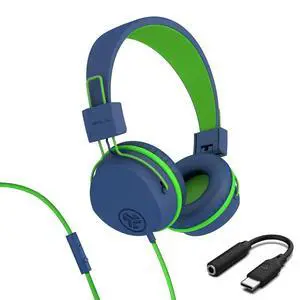 Kids Wired on-Ear Headphones, Bundle with USB-C Adapter, Volume limiting, Foldable, Blue/Green Kids Wired on-Ear Headphones, Bundle with USB-C Adapter, Volume limiting, Foldable, Blue/Green