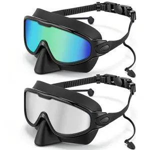 Pack Swim Goggles with Nose Cover Earplug for Adult Wide View Anti Fog UV Swim Goggle No Leaking Diving Mask for Men Women (Colorful Green Gold,Silver) Pack Swim Goggles with Nose Cover Earplug for Adult Wide View Anti Fog UV Swim Goggle No Leaking Diving Mask for Men Women (Colorful Green Gold,Silver)