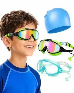Kids Swim Goggles 2 Pack with kids Swim Cap, Anti Fog UV Protection Wide View Youth Swim Goggles for kids 6-14 Kids Swim Goggles 2 Pack with kids Swim Cap, Anti Fog UV Protection Wide View Youth Swim Goggles for kids 6-14