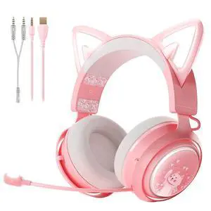 Gaming Headset, Cat Ear Headset PC Gaming Headphones with Retractable Mic Noise Cancelling, Stereo Sound, DIY Face Covers for PC, PS4, PS5,Xbox One(Only White LED Light)-Pink Gaming Headset, Cat Ear Headset PC Gaming Headphones with Retractable Mic Noise Cancelling, Stereo Sound, DIY Face Covers for PC, PS4, PS5,Xbox One(Only White LED Light)-Pink