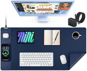 Mouse Pad with 15W Wireless Charging, XXL Large Leather Desk Mat, Waterproof Gaming Mousepad Home Office Desk Pad Protector, Blue (Includes 20W PD Power Adapter & 6.56ft Woven Cable) Mouse Pad with 15W Wireless Charging, XXL Large Leather Desk Mat, Waterproof Gaming Mousepad Home Office Desk Pad Protector, Blue (Includes 20W PD Power Adapter & 6.56ft Woven Cable)