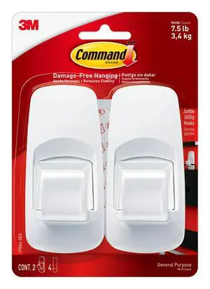 lb Jumbo Utility Hook, 2 Hooks and 4 Strips, Damage Free Hanging Wall Hooks with Adhesive Strips, No Tools Adhesive Hooks for Hanging, Organization and Storage lb Jumbo Utility Hook, 2 Hooks and 4 Strips, Damage Free Hanging Wall Hooks with Adhesive Strips, No Tools Adhesive Hooks for Hanging, Organization and Storage