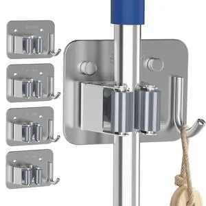 Pack Stainless Steel Mop and Broom Gripper with Hook, Screw Drilling or Self Adhesive Mop and Broom Holder Wall Mount, Storage Rack for Closet Laundry Garage Garden Tool Organizer, Silver Pack Stainless Steel Mop and Broom Gripper with Hook, Screw Drilling or Self Adhesive Mop and Broom Holder Wall Mount, Storage Rack for Closet Laundry Garage Garden Tool Organizer, Silver
