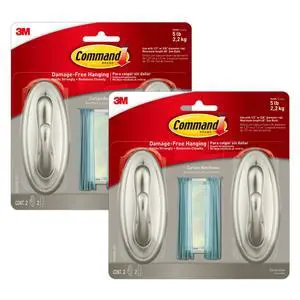 Large Brushed Nickel Color Hooks, 2-Pack of 2 Wall Hooks and 2 Strips, Damage Free Coat Hooks with Adhesive Strips, Traditional Hooks for Hanging Christmas Decorations Large Brushed Nickel Color Hooks, 2-Pack of 2 Wall Hooks and 2 Strips, Damage Free Coat Hooks with Adhesive Strips, Traditional Hooks for Hanging Christmas Decorations