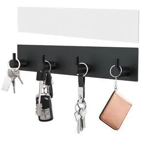 Key Holder Wall Mount, Large Adhesive Key Hanger with 4 Hooks, Black Key Holder Wall Mount, Large Adhesive Key Hanger with 4 Hooks, Black