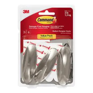 Medium Designer Hooks, Brushed Nickel, 3-Hooks, 6-Strips, Decorate Damage-Free Medium Designer Hooks, Brushed Nickel, 3-Hooks, 6-Strips, Decorate Damage-Free