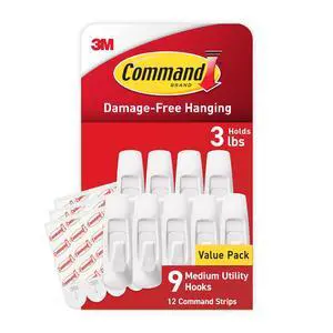 Medium Utility Hooks, 9 Wall Hook and 12 Strips, Damage-Free Hanging with Adhesive, No Tools Great for Hanging Back to School Dorm Organizers, Holds up to 3 lb Medium Utility Hooks, 9 Wall Hook and 12 Strips, Damage-Free Hanging with Adhesive, No Tools Great for Hanging Back to School Dorm Organizers, Holds up to 3 lb