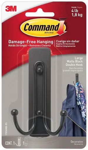 Large Matte Black Double Hook, 1 Hook and 1 Strip, Damage-Free Wall Hooks with Adhesive Strips, No Tools Coat Hooks for Hanging Home Decor, Holds up to 4 lb Large Matte Black Double Hook, 1 Hook and 1 Strip, Damage-Free Wall Hooks with Adhesive Strips, No Tools Coat Hooks for Hanging Home Decor, Holds up to 4 lb