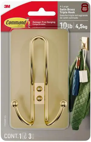 Large Satin Brass Triple Hook, 1 Hook, 3 Strips, Damage-Free Hanging with Adhesive Strips, No Tools Wall Hook for Hanging Decorations in Living Spaces Large Satin Brass Triple Hook, 1 Hook, 3 Strips, Damage-Free Hanging with Adhesive Strips, No Tools Wall Hook for Hanging Decorations in Living Spaces