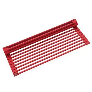 Multipurpose Workstation Sink Roll-Up Dish Drying Rack, Colander and Trivet in Red, KRM-11RD Multipurpose Workstation Sink Roll-Up Dish Drying Rack, Colander and Trivet in Red, KRM-11RD