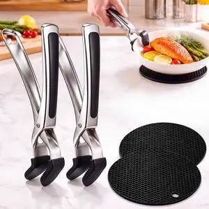 Hot Plate Gripper & Silicone Trivet Set Kitchen Heat Protection Kit Non Slip Stainless Steel Pan Grippers with Heat Resistant Mats-Safe Hot Dish Lifter for Oven, Stove,Countertop Use Hot Plate Gripper & Silicone Trivet Set Kitchen Heat Protection Kit Non Slip Stainless Steel Pan Grippers with Heat Resistant Mats-Safe Hot Dish Lifter for Oven, Stove,Countertop Use