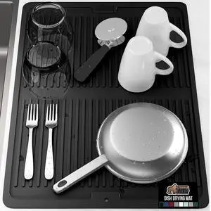 Free Patented Silicone Dish Drying Mat for Kitchen Counter, 18x24 Inch, Water Catching Ribbed Design, Easy Clean Waterproof Sink Liner, Heat Resistant, Fits Under Rack, Black Free Patented Silicone Dish Drying Mat for Kitchen Counter, 18x24 Inch, Water Catching Ribbed Design, Easy Clean Waterproof Sink Liner, Heat Resistant, Fits Under Rack, Black