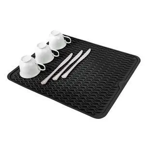Silicone Dish Drying Mat - Drain Hole, Non-Slip, Heat Resistant, Foldable. Great for Dishes, Kitchen Sink, Counter Top, Fridge Drawer Liner or Trivet for Hot Pots. (16" X 20" | Black) Silicone Dish Drying Mat - Drain Hole, Non-Slip, Heat Resistant, Foldable. Great for Dishes, Kitchen Sink, Counter Top, Fridge Drawer Liner or Trivet for Hot Pots. (16" X 20" | Black)