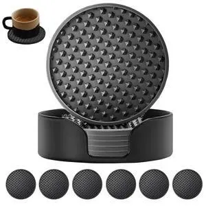 Silicone Coasters 6 Pack with Holder, Non-Slip Non-Stick Heat Resistant Cup Mat, Washable for Home Office Bar (Black) Silicone Coasters 6 Pack with Holder, Non-Slip Non-Stick Heat Resistant Cup Mat, Washable for Home Office Bar (Black)