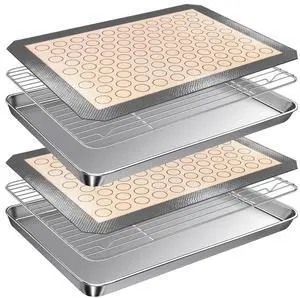 Stainless Steel Baking Sheet Tray Cooling Rack with Silicone Baking Mat Set, 16 x 12 x 1 Inch Cookie Sheet Pan with Wire Rack Set, Set of 6 (2 Sheets + 2 Racks + 2 Mats), Heavy Duty & Rust Proof Stainless Steel Baking Sheet Tray Cooling Rack with Silicone Baking Mat Set, 16 x 12 x 1 Inch Cookie Sheet Pan with Wire Rack Set, Set of 6 (2 Sheets + 2 Racks + 2 Mats), Heavy Duty & Rust Proof