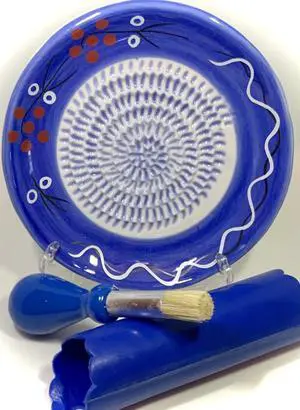 All-in-one Premium Ceramic Garlic Grater Plate 4-Piece Set - Cherry Line on Blue Design - For Garlic, Ginger, Chocolate, and more! - Comes with 5.25" Plate, Peeler, Brush, and Stand All-in-one Premium Ceramic Garlic Grater Plate 4-Piece Set - Cherry Line on Blue Design - For Garlic, Ginger, Chocolate, and more! - Comes with 5.25" Plate, Peeler, Brush, and Stand