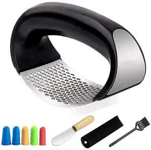Premium Stainless Steel Garlic Press Heavy Duty, Rustproof, Dishwasher Safe & Easy to Use Includes Silicone Finger Protector & Bonus Finger Guard for Safe Cooking. Premium Stainless Steel Garlic Press Heavy Duty, Rustproof, Dishwasher Safe & Easy to Use Includes Silicone Finger Protector & Bonus Finger Guard for Safe Cooking.