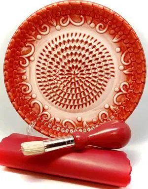 All-in-one Premium Ceramic Garlic Grater Plate 4-Piece Set - Red Embossed Design and Style - For Garlic, Ginger, Chocolate, and more! - Comes with 5.25" Plate, Peeler, Brush, and Stand All-in-one Premium Ceramic Garlic Grater Plate 4-Piece Set - Red Embossed Design and Style - For Garlic, Ginger, Chocolate, and more! - Comes with 5.25" Plate, Peeler, Brush, and Stand