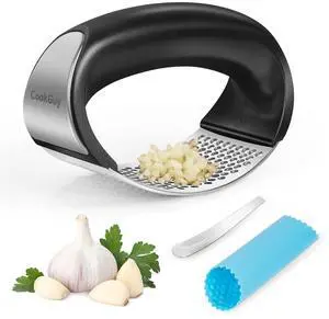 Stainless Steel Garlic Press Rocker Set - Premium Garlic Mincer, Crusher, Peeler and Scraper Tool for Effortless Mincing - Comfortable Grip Garlic Grinder (Silver) Stainless Steel Garlic Press Rocker Set - Premium Garlic Mincer, Crusher, Peeler and Scraper Tool for Effortless Mincing - Comfortable Grip Garlic Grinder (Silver)