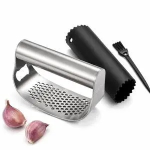 Garlic Press Rocker Set, Stainless Steel Mincer with Peeler & Brush Garlic Press Rocker Set, Stainless Steel Mincer with Peeler & Brush