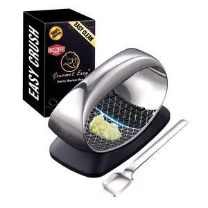 Stainless Steel Garlic Press Rocker with Eject Base & Scraper Stainless Steel Garlic Press Rocker with Eject Base & Scraper