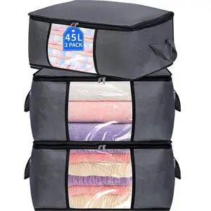 3 Pack Storage Bags, 45L Foldable Clothes Storage Bins with Lids, Closet Organizers Blanket Storage Bags with Zippers Clear Window Sturdy Handles for Clothing Bedding Comforter Sweater Pillows (Gray) 3 Pack Storage Bags, 45L Foldable Clothes Storage Bins with Lids, Closet Organizers Blanket Storage Bags with Zippers Clear Window Sturdy Handles for Clothing Bedding Comforter Sweater Pillows (Gray)