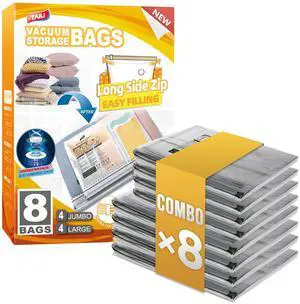 Vacuum Storage Bags, 2 Size Combo(4 Large+4 Jumbo), LONG SIDE ZIP Vacuum Seal Bags for Clothing, Space Saver for Beddings, Comforters, Blankets, Pillows Vacuum Storage Bags, 2 Size Combo(4 Large+4 Jumbo), LONG SIDE ZIP Vacuum Seal Bags for Clothing, Space Saver for Beddings, Comforters, Blankets, Pillows