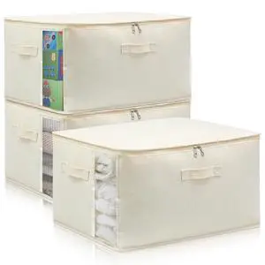 3 Pack Canvas Comforter & Blanket Storage Bags with Clear Window, Beige 3 Pack Canvas Comforter & Blanket Storage Bags with Clear Window, Beige