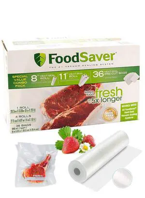 Special Value Vacuum Seal Combo Pack 1-8"Roll; 4-11"Rolls; 36 Pre-Cut Bags Special Value Vacuum Seal Combo Pack 1-8"Roll; 4-11"Rolls; 36 Pre-Cut Bags