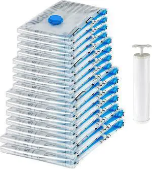 Vacuum Storage Bags for Clothes, Compression Space Saving Storage Bags with Hand Pump, Reusable, Heavy-Duty Seal Protection, Multiple Sizes, White, 15-Pack Vacuum Storage Bags for Clothes, Compression Space Saving Storage Bags with Hand Pump, Reusable, Heavy-Duty Seal Protection, Multiple Sizes, White, 15-Pack