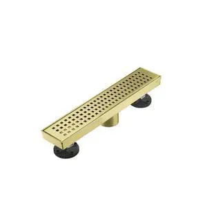 Linear Shower Floor Drain, Brushed Gold 12 Inch 304 Stainless Steel Bathroom Drains Kit, Long Rectangular Shower Trench Drain with Square Pattern Drain Cover & Hair Catcher Linear Shower Floor Drain, Brushed Gold 12 Inch 304 Stainless Steel Bathroom Drains Kit, Long Rectangular Shower Trench Drain with Square Pattern Drain Cover & Hair Catcher