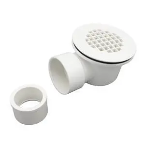 2" Low Profile Shower Drain with 2" x 1-1/2" Reducer Pipe Fitting and Perforated Strainer- PVC Side Outlet Drain Assembly for Replacement Shower Base and Drain 2" Low Profile Shower Drain with 2" x 1-1/2" Reducer Pipe Fitting and Perforated Strainer- PVC Side Outlet Drain Assembly for Replacement Shower Base and Drain