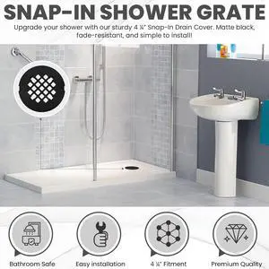 4 ¼ Matte Black Snap-in Shower Drain Cover - Premium Round Black Grate Replacement - 4.25" OD Strainer - Easy Install - Durable Solid Brass Construction 4 ¼ Matte Black Snap-in Shower Drain Cover - Premium Round Black Grate Replacement - 4.25" OD Strainer - Easy Install - Durable Solid Brass Construction