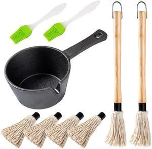 BBQ Mop Brush and Cast Iron Sauce Pot Set, 11-in-1 Value Pack includes 2Pcs Wooden Long Handle, 6 Brush Heads, 1 Cast iron BBQ Pan and 2 Silicone Brushes for Grilling all Types of Ingredients BBQ Mop Brush and Cast Iron Sauce Pot Set, 11-in-1 Value Pack includes 2Pcs Wooden Long Handle, 6 Brush Heads, 1 Cast iron BBQ Pan and 2 Silicone Brushes for Grilling all Types of Ingredients