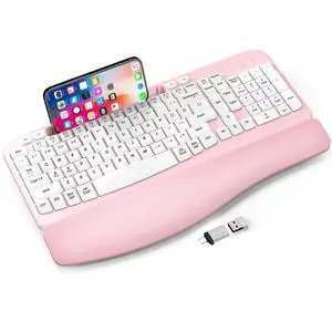 2.4G Wireless Ergonomic Keyboard, Full Size Wave Keys with Memory Foam Wrist Rest & 7.28in Phone Holder, USB-C Adapter Included for Windows Mac Chrome OS, Office or Home (Pink) 2.4G Wireless Ergonomic Keyboard, Full Size Wave Keys with Memory Foam Wrist Rest & 7.28in Phone Holder, USB-C Adapter Included for Windows Mac Chrome OS, Office or Home (Pink)
