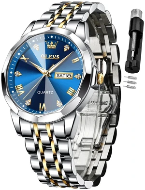 Watch for Men Diamond Business Dress Analog Stainless Steel Waterproof Luminous Date Two Tone Luxury Casual Wrist Watch Blue Watch for Men Diamond Business Dress Analog Stainless Steel Waterproof Luminous Date Two Tone Luxury Casual Wrist Watch Blue
