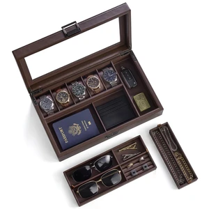 Men's Jewelry Box, 5-Slot Watch Display Case Jewellry Storage Organizer for Sunglasses Rings Accessories with Hidden Compartment, Watch Holder with Glass Lid -Espresso Men's Jewelry Box, 5-Slot Watch Display Case Jewellry Storage Organizer for Sunglasses Rings Accessories with Hidden Compartment, Watch Holder with Glass Lid -Espresso