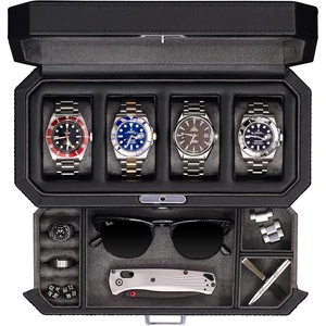 4 Slot Leather Watch Box with Valet Drawer - Luxury Case Display Jewelry Organizer, Locking Display Case Holder with Real Glass Top - Watch Box Organizer for Men & Women (Grey) 4 Slot Leather Watch Box with Valet Drawer - Luxury Case Display Jewelry Organizer, Locking Display Case Holder with Real Glass Top - Watch Box Organizer for Men & Women (Grey)