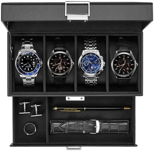 4-Slot Watch Case for Men, Mens Jewelry Box with Glass Lid -Black | Watch & Jewelry Box with Drawer, Easy-Clean PU Leather, Soft Removable Pillow, Home Organizer&Display, Dust-Proof, Men's Gift 4-Slot Watch Case for Men, Mens Jewelry Box with Glass Lid -Black | Watch & Jewelry Box with Drawer, Easy-Clean PU Leather, Soft Removable Pillow, Home Organizer&Display, Dust-Proof, Men's Gift