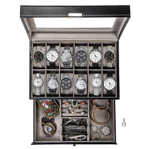 12 Slot Watch Box Case Lockable with Glass Lid, 2 Layers Watch Holder Organizer Display with 1 Drawer for Rings and Bracelets, Gifts For Boyfriend Fathers Day Birthday (Black) 12 Slot Watch Box Case Lockable with Glass Lid, 2 Layers Watch Holder Organizer Display with 1 Drawer for Rings and Bracelets, Gifts For Boyfriend Fathers Day Birthday (Black)