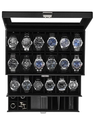 24-Slot Large Watch Box for Men, Black | 3-Layer, PU Outer, Velvet Lining, Glass Lid, Men's Jewelry Storage Organizer with Drawer, Gift for Collectors Father Husband 24-Slot Large Watch Box for Men, Black | 3-Layer, PU Outer, Velvet Lining, Glass Lid, Men's Jewelry Storage Organizer with Drawer, Gift for Collectors Father Husband