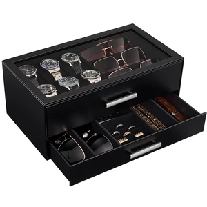 Watch Case, Mens Jewelry Box for 6 Watch & 5 Sunglasses -Black | Pull-Out Drawer 2-Tier Leather Watch Organizer with Glass Display Top, fit Watches Size Up to 50 mm, Gift for Men & Women Watch Case, Mens Jewelry Box for 6 Watch & 5 Sunglasses -Black | Pull-Out Drawer 2-Tier Leather Watch Organizer with Glass Display Top, fit Watches Size Up to 50 mm, Gift for Men & Women