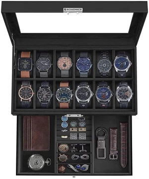 12-Slot Watch Box, Lockable with Glass Lid, 2 Layers Watch Case | For Rings, Bracelets, Gift Idea, Black Synthetic Leather, Black Lining, BRIDIE Collection, UJWB012B03 12-Slot Watch Box, Lockable with Glass Lid, 2 Layers Watch Case | For Rings, Bracelets, Gift Idea, Black Synthetic Leather, Black Lining, BRIDIE Collection, UJWB012B03