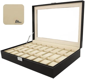 Watch Box 24 Slot, Leather Watch Display Case with Glass Lid | with glass top, PU leather black valvet lining, removable pillows for cufflinks bracelet jewelry, gift for valentines day Watch Box 24 Slot, Leather Watch Display Case with Glass Lid | with glass top, PU leather black valvet lining, removable pillows for cufflinks bracelet jewelry, gift for valentines day