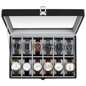 Watch Box, 12 Slot Watch Case with Large Real Glass Lid, Watch Organizer with Removable Watch Pillow, Black Synthetic Leather Watch Display, Black Watch Box, 12 Slot Watch Case with Large Real Glass Lid, Watch Organizer with Removable Watch Pillow, Black Synthetic Leather Watch Display, Black