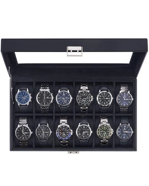 Watch Case for Men, 12 Slot Display Box with Large Glass Lid | Premium Storage Holder Organizer with Removable Pillows, Anniversary Birthday Gifts for Collectors -All Black Watch Case for Men, 12 Slot Display Box with Large Glass Lid | Premium Storage Holder Organizer with Removable Pillows, Anniversary Birthday Gifts for Collectors -All Black