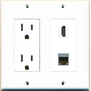 15 Amp Power Outlet and 1 Port HDMI and 1 Port Shielded Cat6 Ethernet Decorative Type Wall Plate - White 15 Amp Power Outlet and 1 Port HDMI and 1 Port Shielded Cat6 Ethernet Decorative Type Wall Plate - White